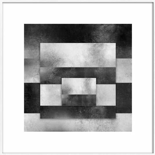 Quadro Abstrato Geométrico Sobreposto Preto e Branco com Moldura e Vidro