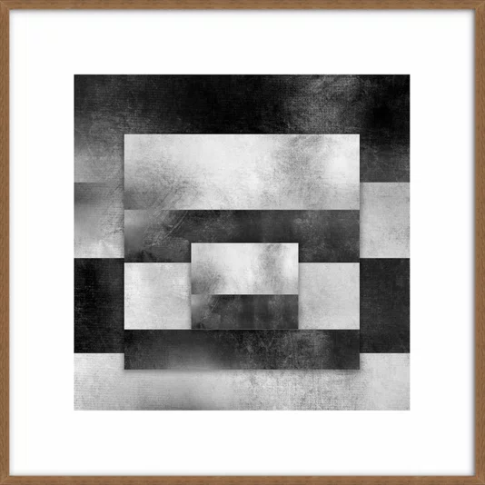 Quadro Abstrato Geométrico Sobreposto Preto e Branco com Moldura e Vidro