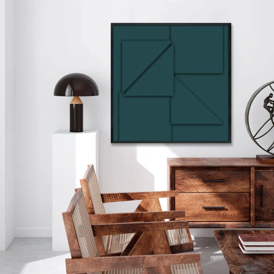 Quadro Abstrato Geométrico Verde Petróleo Arte Moderna com Moldura e Vidro