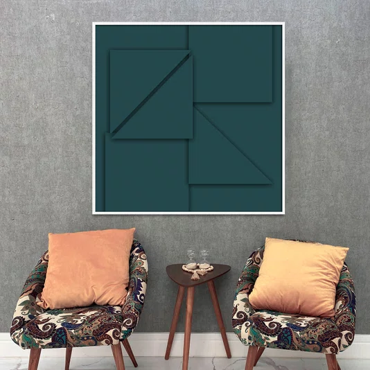 Quadro Abstrato Geométrico Verde Petróleo Arte Moderna com Moldura e Vidro