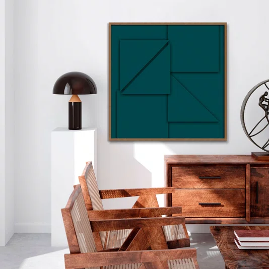 Quadro Abstrato Geométrico Verde Petróleo Arte Moderna com Moldura e Vidro