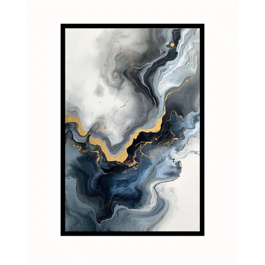 Quadro Abstrato Mármore Azul Dourado Fluido Arte Decorativa Elegante Moderna