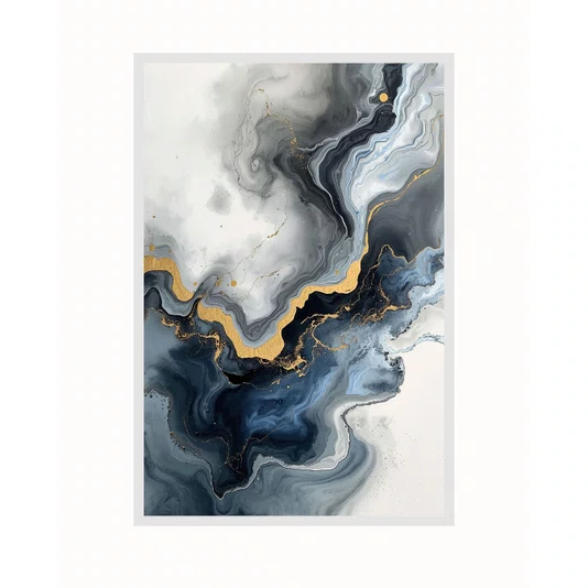 Quadro Abstrato Mármore Azul Dourado Fluido Arte Decorativa Elegante Moderna