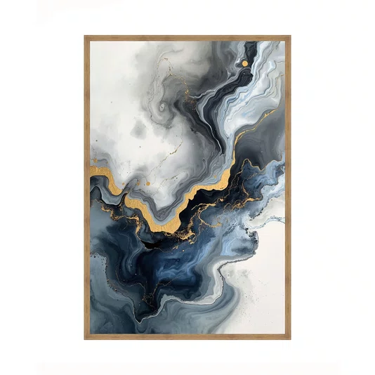 Quadro Abstrato Mármore Azul Dourado Fluido Arte Decorativa Elegante Moderna