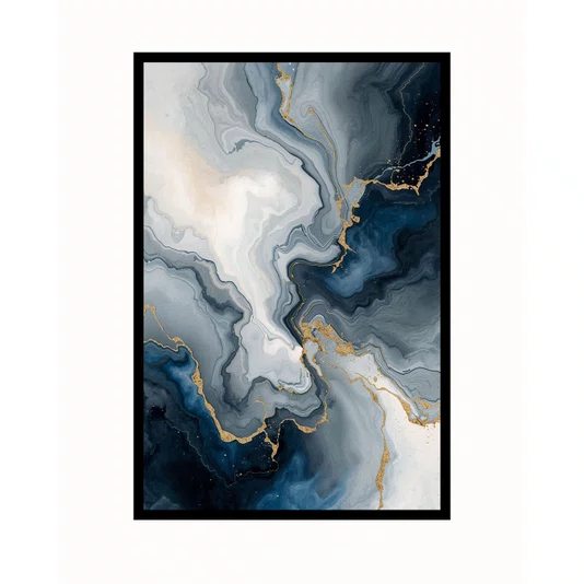 Quadro Abstrato Mármore Azul e Dourado Veias Fluidas Arte Decorativa de Luxo