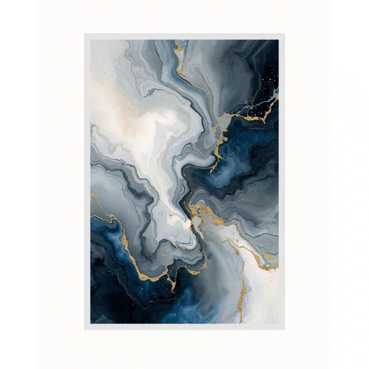 Quadro Abstrato Mármore Azul e Dourado Veias Fluidas Arte Decorativa de Luxo