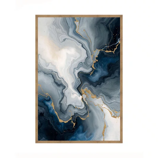 Quadro Abstrato Mármore Azul e Dourado Veias Fluidas Arte Decorativa de Luxo