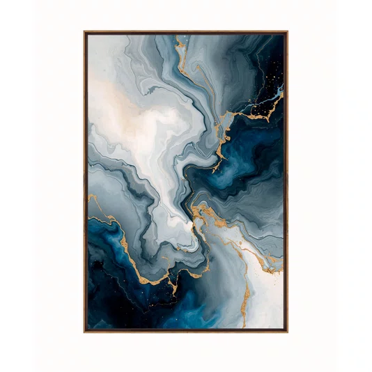 Quadro Abstrato Mármore Azul e Dourado Veias Fluidas Arte Decorativa de Luxo