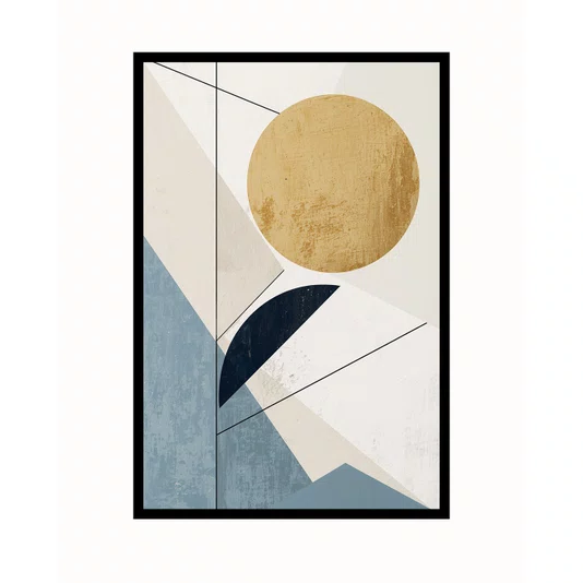 Quadro Abstrato Minimalista Sol Dourado e Formas Geométricas Azul Sereno