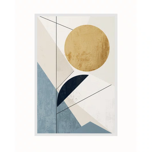 Quadro Abstrato Minimalista Sol Dourado e Formas Geométricas Azul Sereno