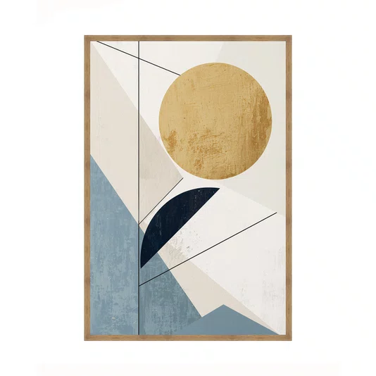 Quadro Abstrato Minimalista Sol Dourado e Formas Geométricas Azul Sereno