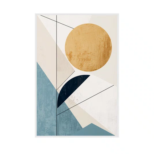 Quadro Abstrato Minimalista Sol Dourado e Formas Geométricas Azul Sereno