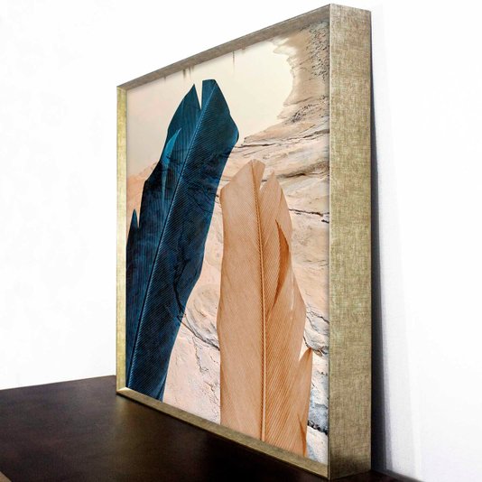 Quadro Abstrato Moderno com Moldura Chanfrada Arte com Penas 80x80 cm