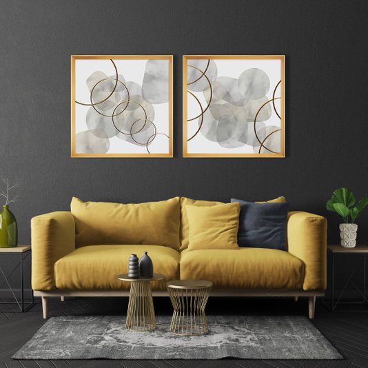 Quadro Abstrato Moderno com Moldura Dourada Chanfrada 95x95 cm