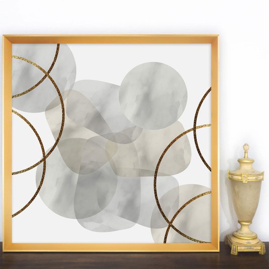 Quadro Abstrato Moderno com Moldura Dourada Chanfrada 95x95 cm