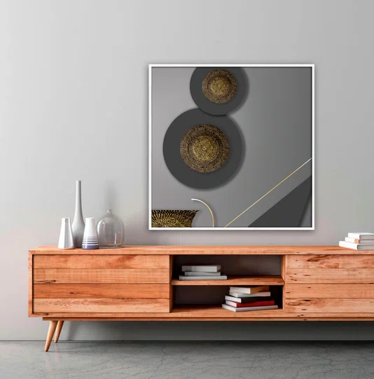 Quadro Abstrato Moderno com Texturas Orgânicas em tons de Cinza e Dourado