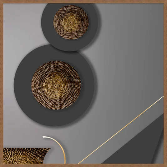 Quadro Abstrato Moderno com Texturas Orgânicas em tons de Cinza e Dourado