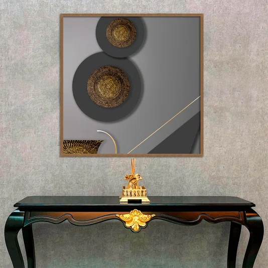 Quadro Abstrato Moderno com Texturas Orgânicas em tons de Cinza e Dourado