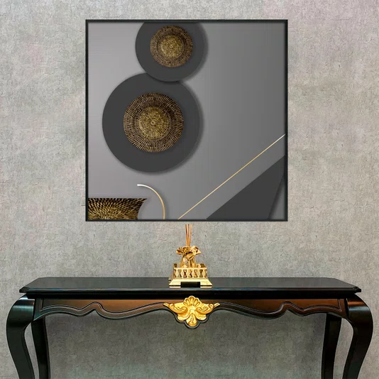 Quadro Abstrato Moderno com Texturas Orgânicas em tons de Cinza e Dourado