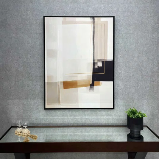 Quadro Abstrato Moderno em Tons Neutros e Sofisticados com Acentos Metálicos