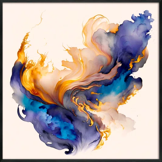 Quadro Abstrato Moderno Energia Azul com Dourado e Lilás com Moldura e Vidro