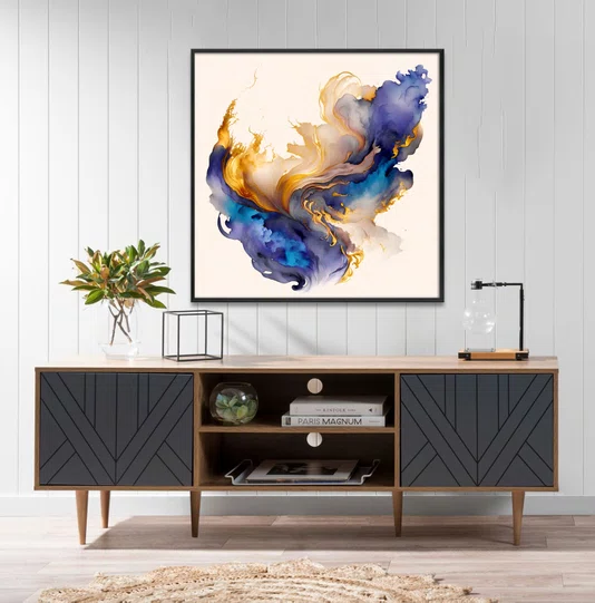 Quadro Abstrato Moderno Energia Azul com Dourado e Lilás com Moldura e Vidro