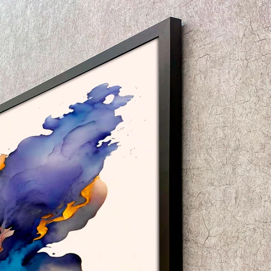 Quadro Abstrato Moderno Energia Azul com Dourado e Lilás com Moldura e Vidro
