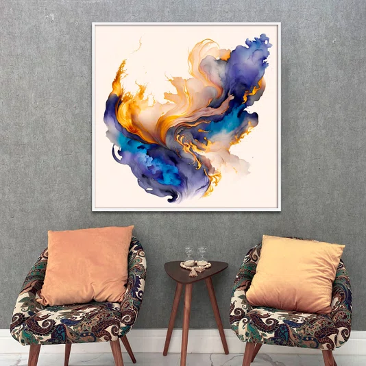 Quadro Abstrato Moderno Energia Azul com Dourado e Lilás com Moldura e Vidro