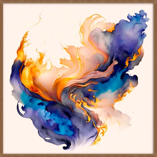 Quadro Abstrato Moderno Energia Azul com Dourado e Lilás com Moldura e Vidro