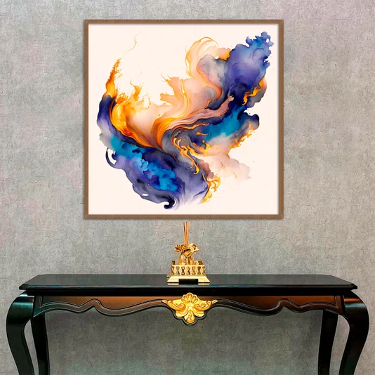 Quadro Abstrato Moderno Energia Azul com Dourado e Lilás com Moldura e Vidro