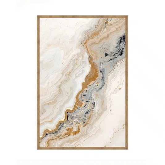 Quadro Abstrato Moderno Estilo Mármore Orgânico em Tons de Bege Ocre e Cinza