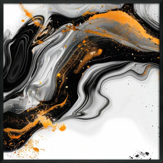 Quadro Abstrato Moderno Preto e Ouro Fluido e Elegante com Moldura e Vidro