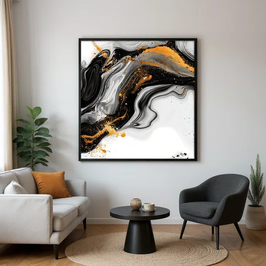 Quadro Abstrato Moderno Preto e Ouro Fluido e Elegante com Moldura e Vidro