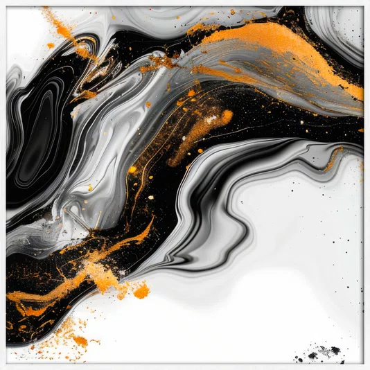 Quadro Abstrato Moderno Preto e Ouro Fluido e Elegante com Moldura e Vidro