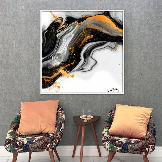 Quadro Abstrato Moderno Preto e Ouro Fluido e Elegante com Moldura e Vidro