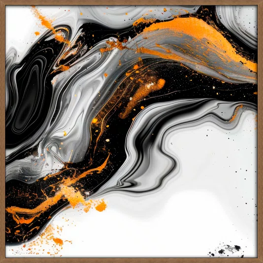 Quadro Abstrato Moderno Preto e Ouro Fluido e Elegante com Moldura e Vidro