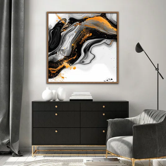 Quadro Abstrato Moderno Preto e Ouro Fluido e Elegante com Moldura e Vidro