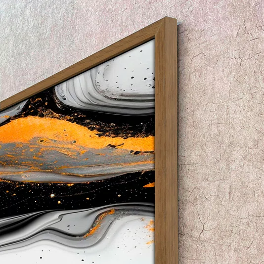 Quadro Abstrato Moderno Preto e Ouro Fluido e Elegante com Moldura e Vidro