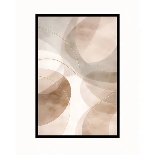 Quadro Abstrato Neutro Formas Circulares e Linhas Douradas em Tons Terrosos