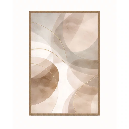 Quadro Abstrato Neutro Formas Circulares e Linhas Douradas em Tons Terrosos