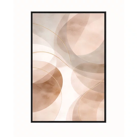 Quadro Abstrato Neutro Formas Circulares e Linhas Douradas em Tons Terrosos