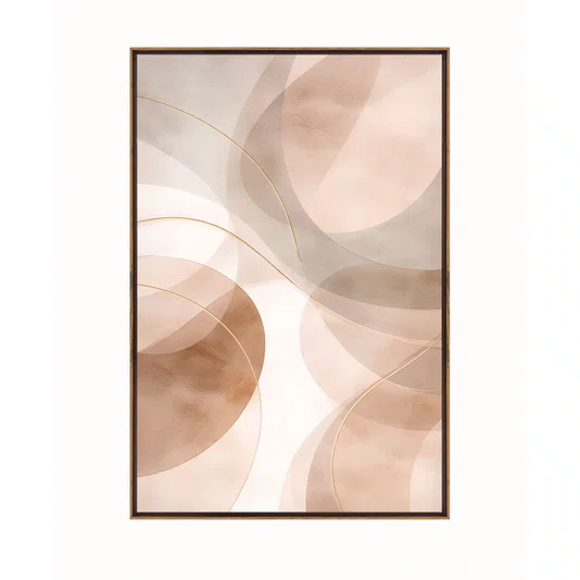Quadro Abstrato Neutro Formas Circulares e Linhas Douradas em Tons Terrosos