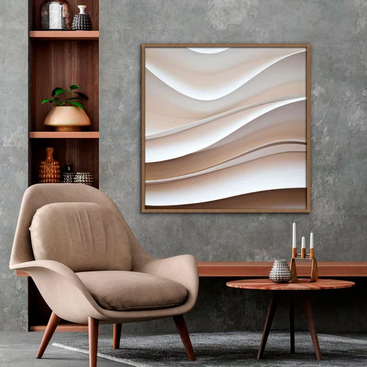 Quadro Abstrato Ondas Suaves em Tons Neutros e Refinados com Moldura e Vidro