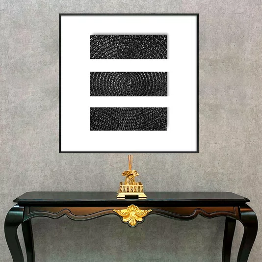 Quadro Abstrato Preto e Branco Estilo Textura Metálica e Espiral com Moldura e Vidro