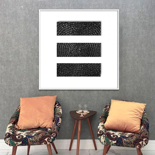 Quadro Abstrato Preto e Branco Estilo Textura Metálica e Espiral com Moldura e Vidro