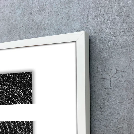 Quadro Abstrato Preto e Branco Estilo Textura Metálica e Espiral com Moldura e Vidro