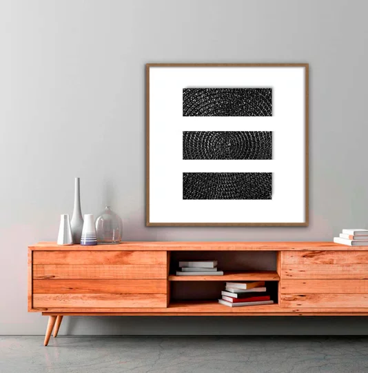 Quadro Abstrato Preto e Branco Estilo Textura Metálica e Espiral com Moldura e Vidro