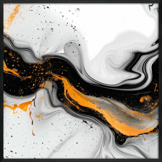 Quadro Abstrato Preto e Ouro com Brilho Metálico Contemporâneo Moldura e Vidro