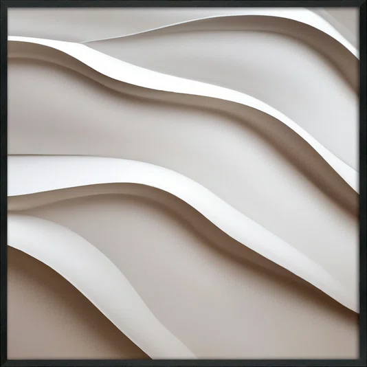 Quadro Abstrato Refinado em Tons Neutros com Ondas Suaves e Moldura e Vidro