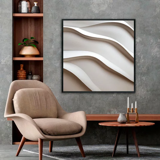 Quadro Abstrato Refinado em Tons Neutros com Ondas Suaves e Moldura e Vidro